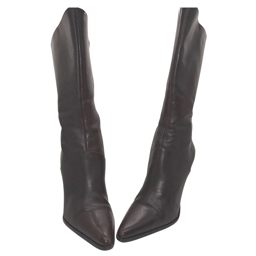 Diba Dark Brown Leather Pointed Toe Stiletto Mid-Calf Boots Made in Brazil 5.5